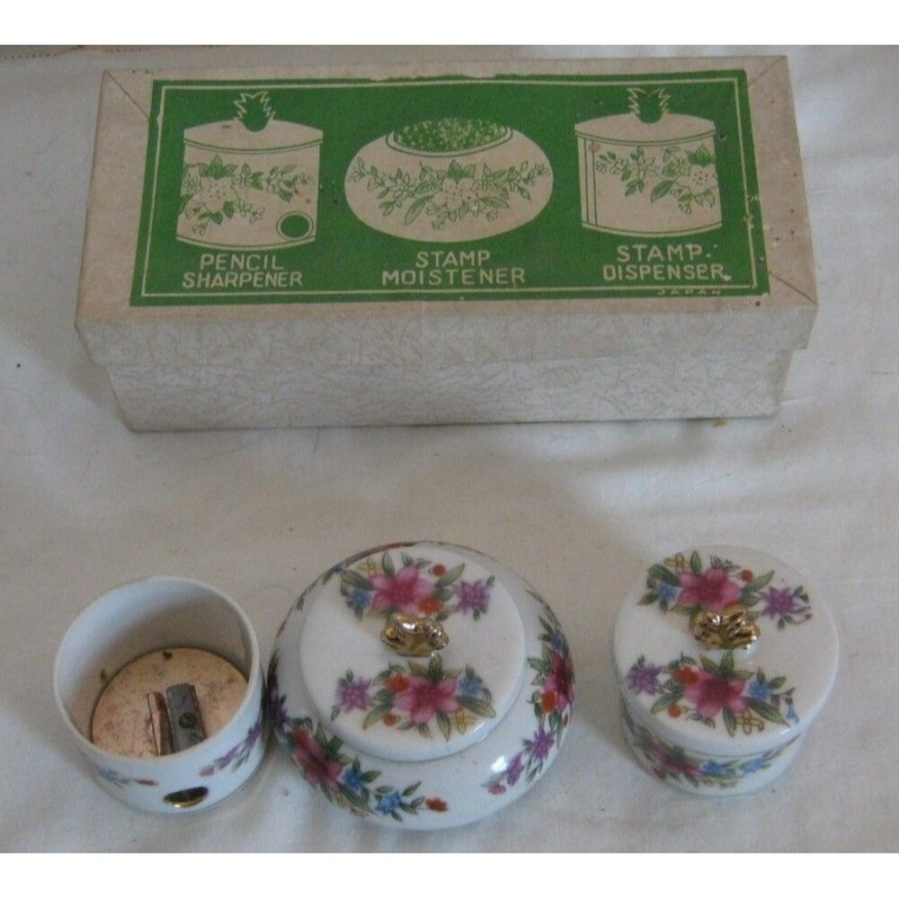 Moss Rose Vintage Japan Desk Set Stamp Roll Holder, Pencil Sharpener, Stamp Wet